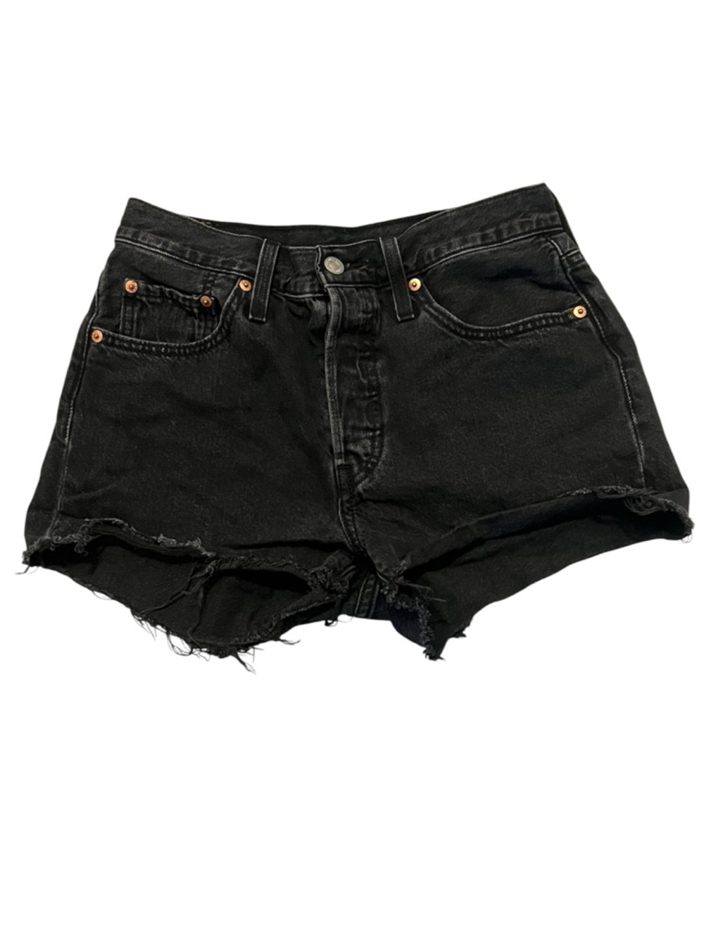 Levis 501 Shorts Womens 27 Black Denim High Rise Distressed Cut Off Frayed Hem